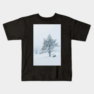 White Winter - Snow-Covered Bench and Tree in Norwegian National Park Kids T-Shirt